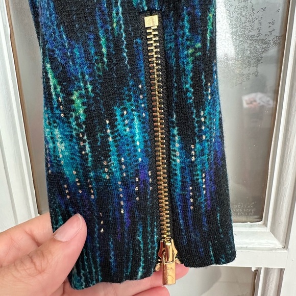 Vintage Cache Teal Gold Blue Knit Faux Wrap Midi Dress Women’s Size Medium M Med - Picture 9 of 13